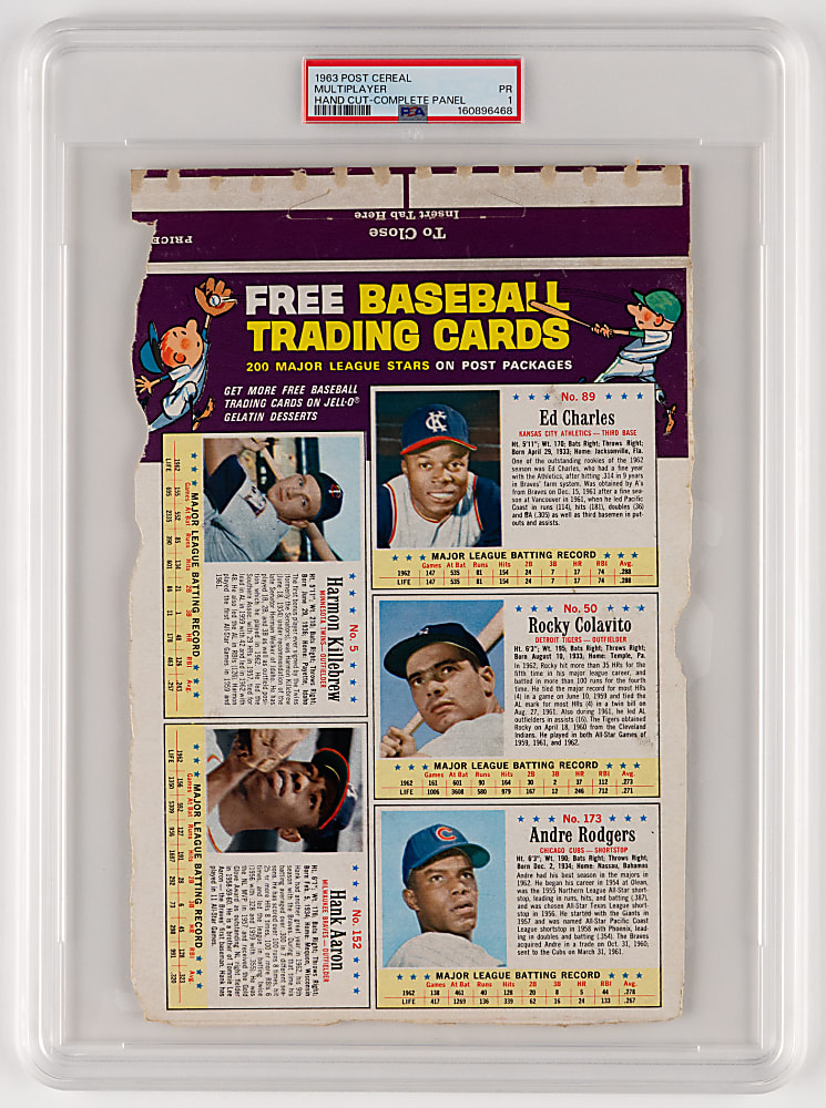 1963 Post Cereal Complete Uncut Panel with (5) Players Including Hank Aaron & Harmon Killebrew