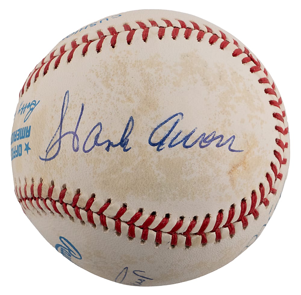 Hank Aaron, Mickey Mantle & Willie Mays Triple-Signed OAL/Brown Baseball - Full JSA LOA