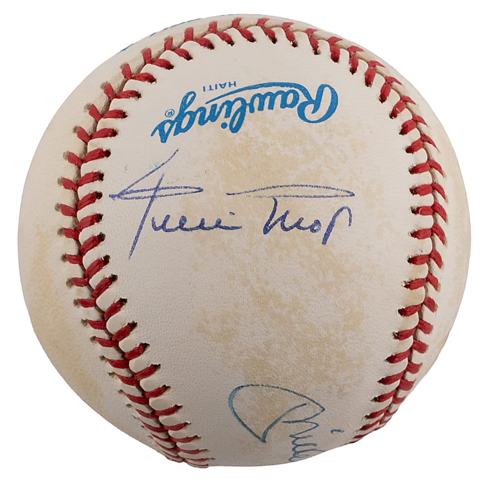 Hank Aaron, Mickey Mantle & Willie Mays Triple-Signed OAL/Brown Baseball - Full JSA LOA