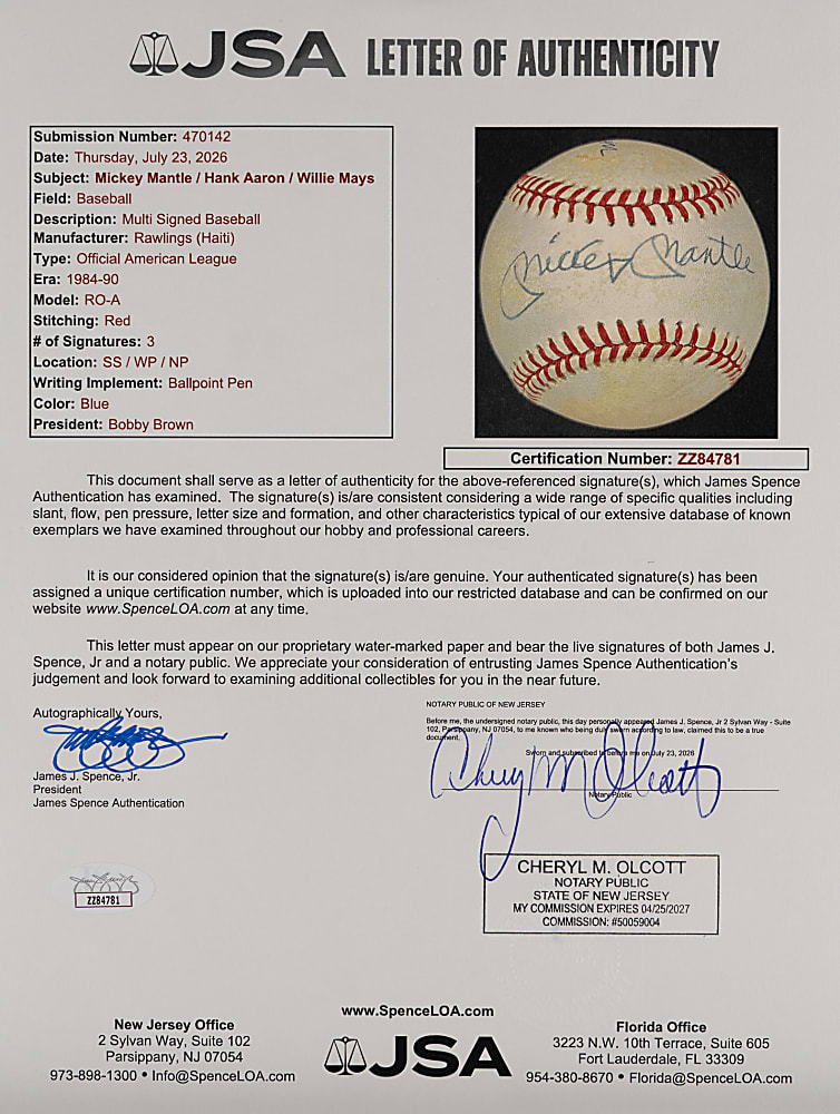 Hank Aaron, Mickey Mantle & Willie Mays Triple-Signed OAL/Brown Baseball - Full JSA LOA