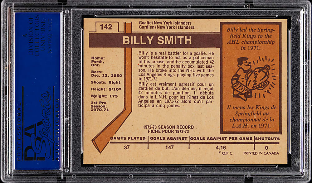 1973-1974 O-Pee-Chee Hockey #142 Billy Smith Rookie PSA NM-MT 8