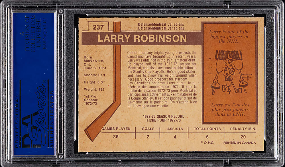 1973-1974 O-Pee-Chee Hockey #237 Larry Robinson Rookie PSA NM-MT 8