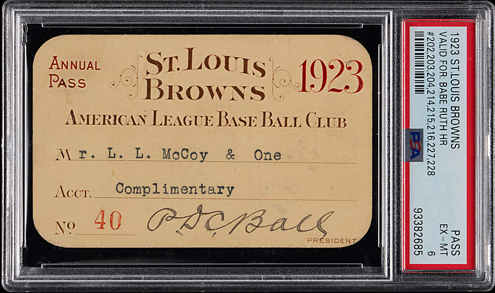 1923 St. Louis Brown Season Pass PSA EX-MT 6 - (8) Babe Ruth Career Home Runs!