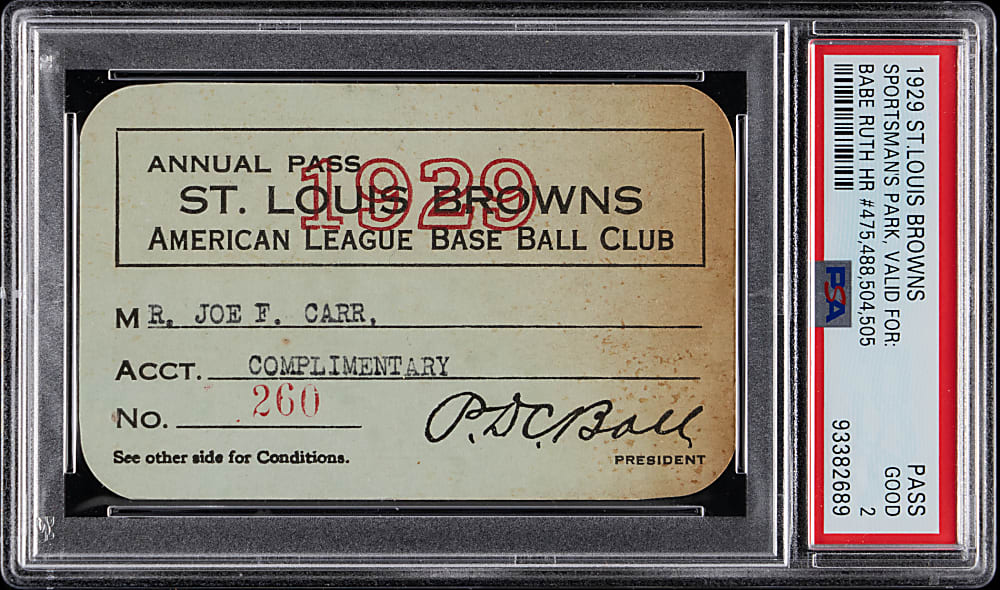 1929 St. Louis Browns Season Pass PSA GOOD 2 - (4) Babe Ruth Career Home Runs!