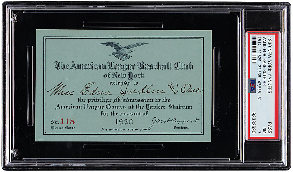 1930 New York Yankees, Yankee Stadium Season Pass PSA NM 7 - 26 Babe Ruth Home Runs!
