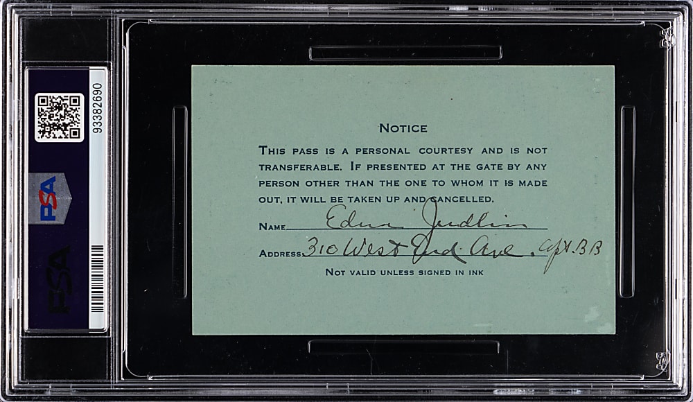 1930 New York Yankees, Yankee Stadium Season Pass PSA NM 7 - 26 Babe Ruth Home Runs!