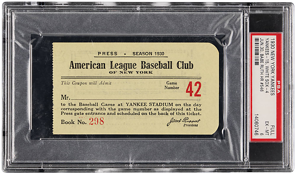 June 30, 1930 New York Yankees vs. Chicago White Sox Press Pass PSA EX-MT 6 - Babe Ruth Career Home Run #546!