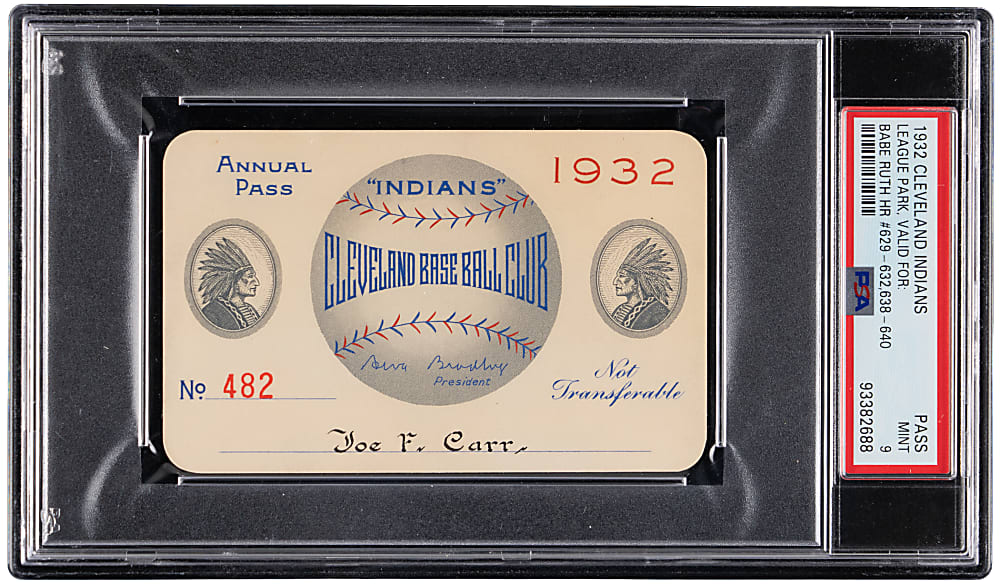 1932 Cleveland Indians League Park Season Pass Issued to NFL Commissioner Joe Carr PSA Mint 9 - (7) Babe Ruth Home Runs!!