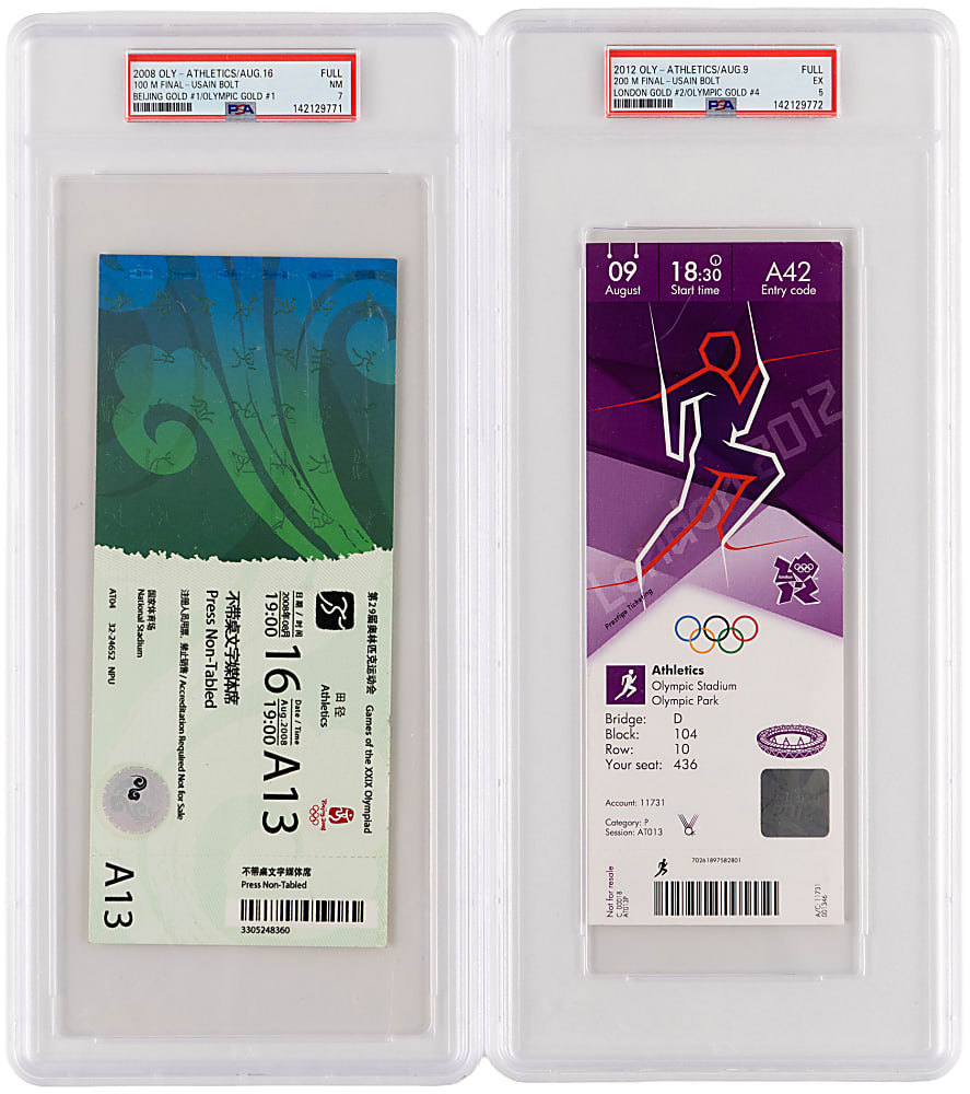 2008-2012 Usain Bolt PSA Graded Olympic Gold Medal Ticket Pair with Highest Graded Olympic Gold #1!
