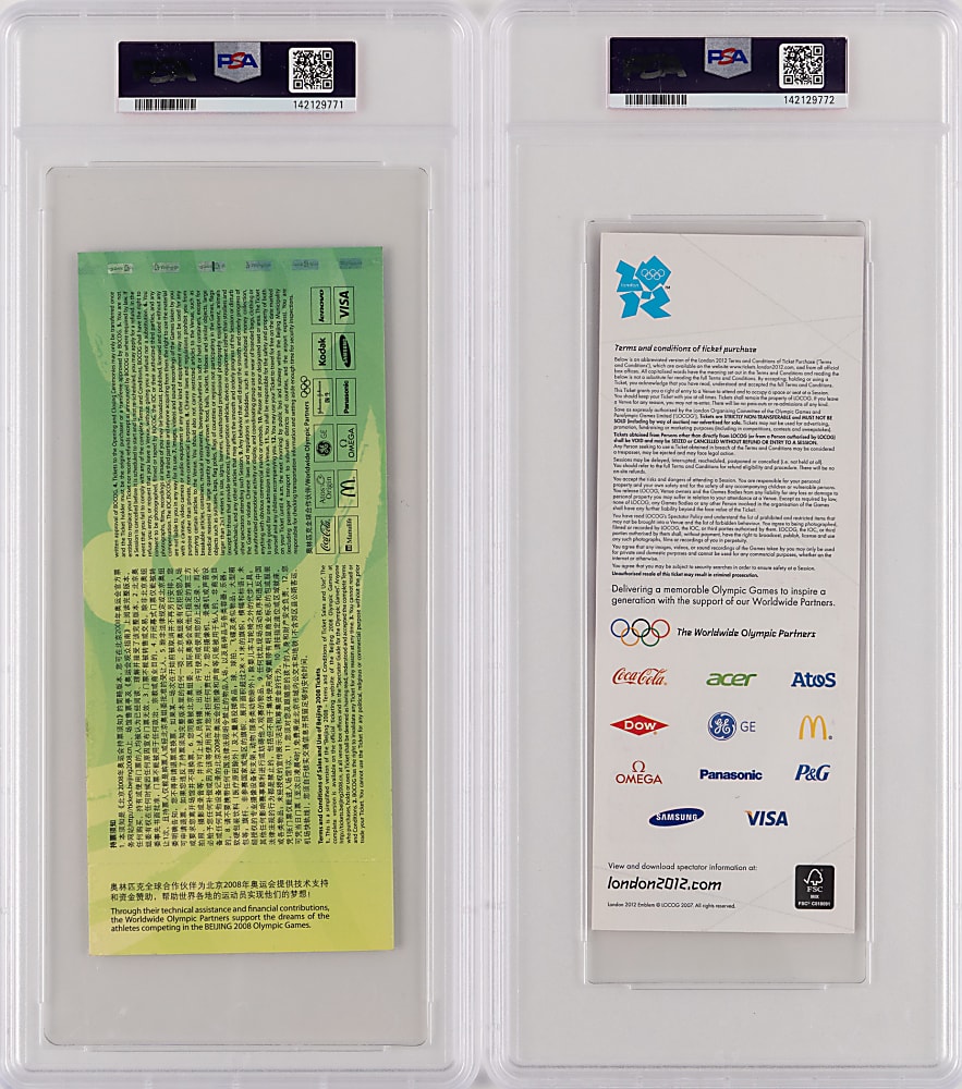 2008-2012 Usain Bolt PSA Graded Olympic Gold Medal Ticket Pair with Highest Graded Olympic Gold #1!