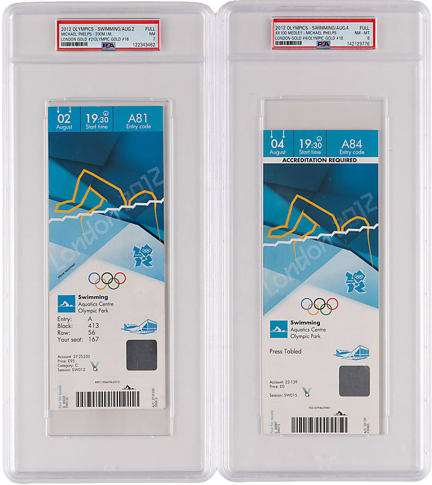 2012 London Olympics Michael Phelps PSA Graded Gold Medal Tickets Pair - Career Gold Medals #16 & #18