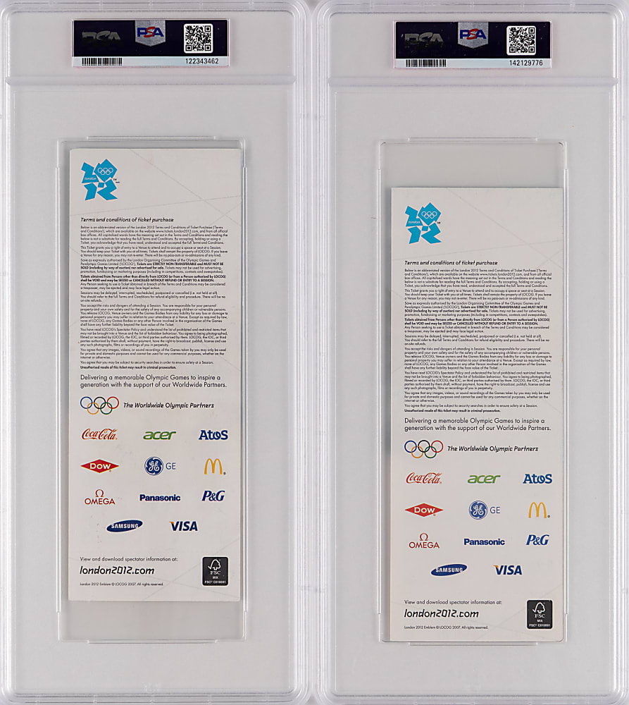 2012 London Olympics Michael Phelps PSA Graded Gold Medal Tickets Pair - Career Gold Medals #16 & #18
