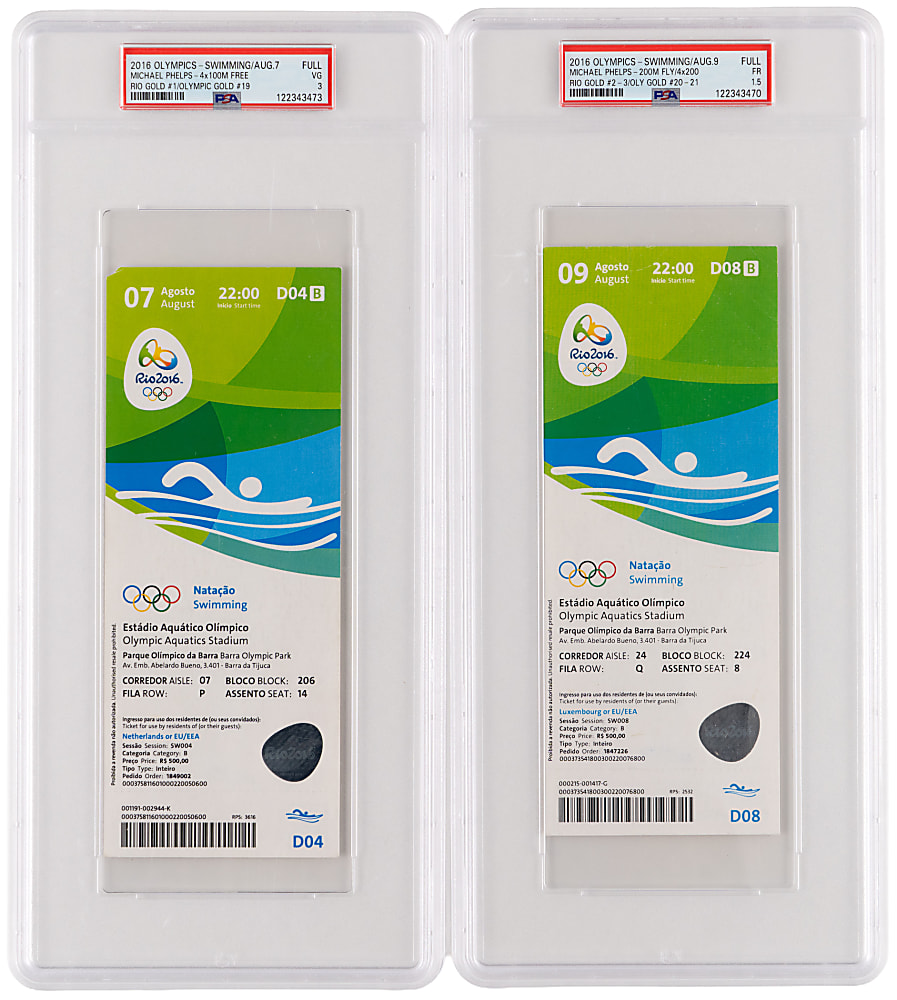 2016 Rio Olympics Michael Phelps PSA Graded Gold Medal Tickets Pair - Career Gold Medals #19, #20 & #21