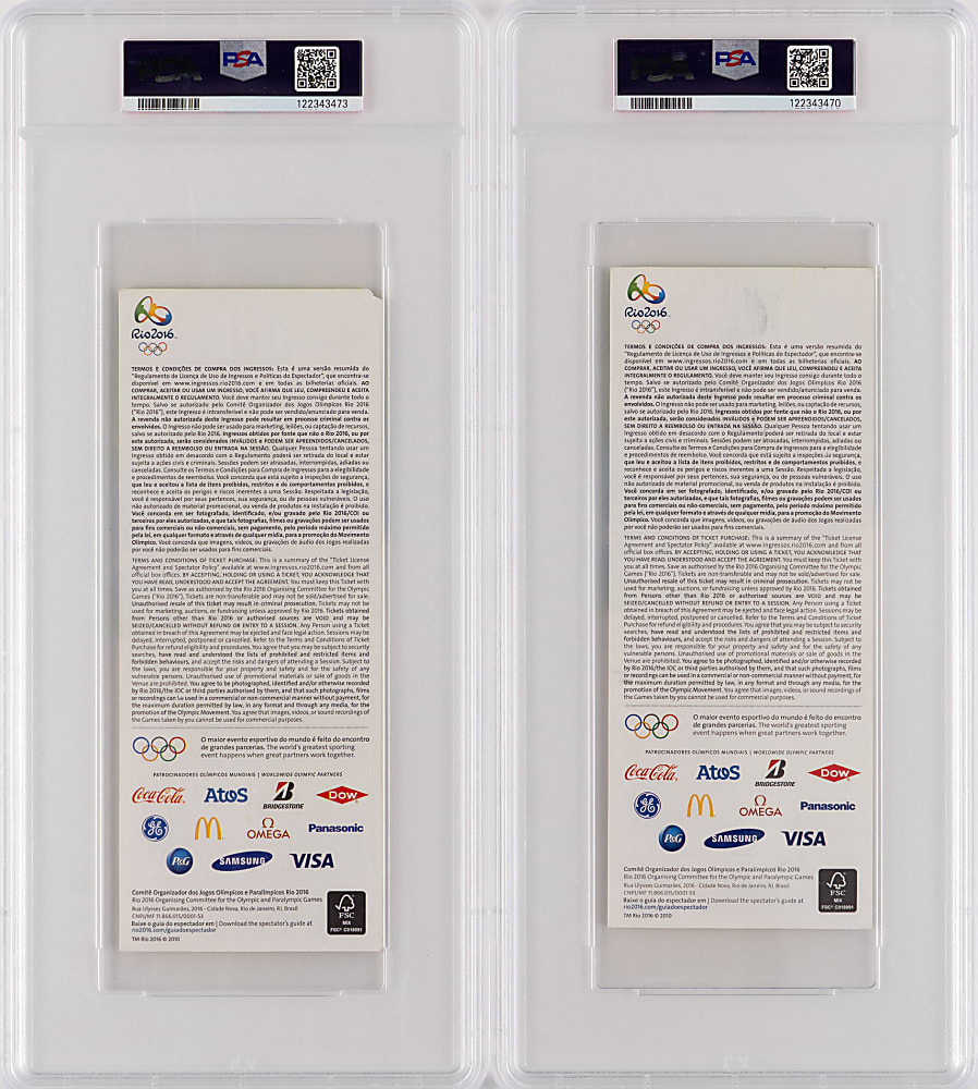 2016 Rio Olympics Michael Phelps PSA Graded Gold Medal Tickets Pair - Career Gold Medals #19, #20 & #21