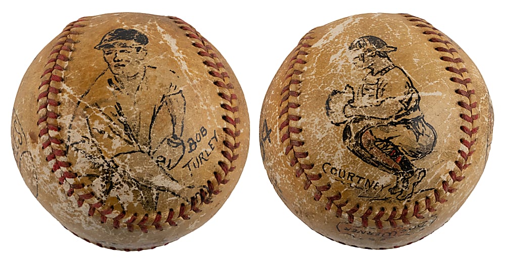 Rare Doc Werner Hand Painted 1954 Baltimore Orioles Inaugural Season Baseball with Bob Turley & Clint Courtney Illustrations