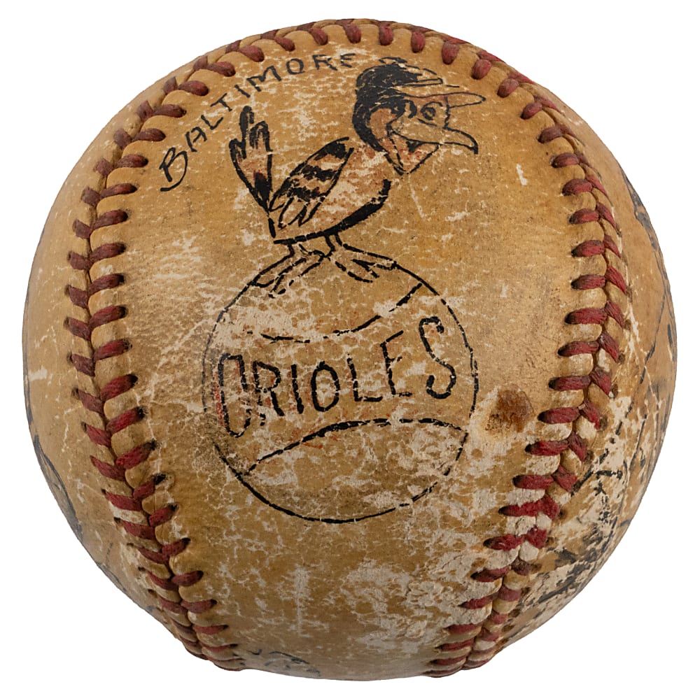 Rare Doc Werner Hand Painted 1954 Baltimore Orioles Inaugural Season Baseball with Bob Turley & Clint Courtney Illustrations