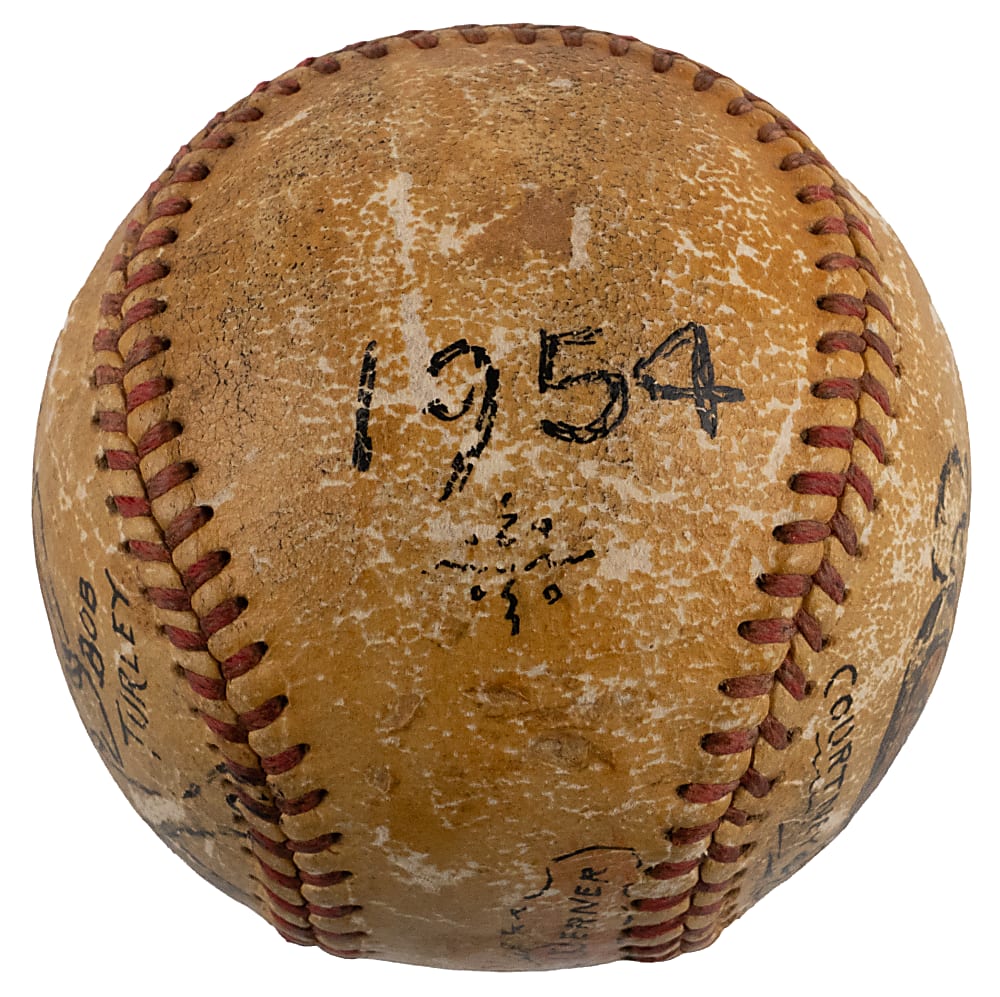 Rare Doc Werner Hand Painted 1954 Baltimore Orioles Inaugural Season Baseball with Bob Turley & Clint Courtney Illustrations