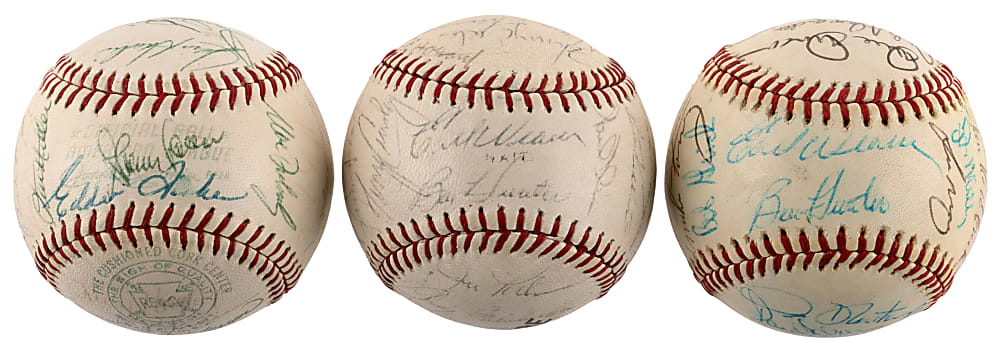 1960s-1970s Baltimore Orioles Multi-Signed Baseball Trio - (84) Total Signatures with Frank Robinson, Brooks Robinson, Earl Weaver & Jim Palmer - Ken Singleton Collection