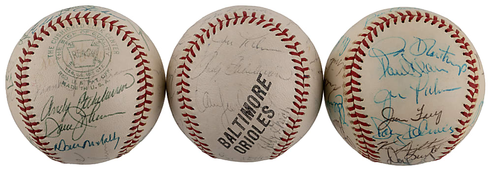 1960s-1970s Baltimore Orioles Multi-Signed Baseball Trio - (84) Total Signatures with Frank Robinson, Brooks Robinson, Earl Weaver & Jim Palmer - Ken Singleton Collection