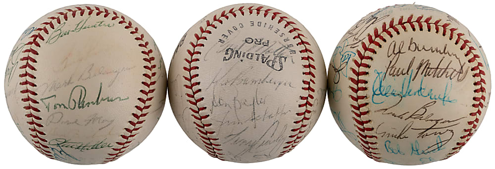 1960s-1970s Baltimore Orioles Multi-Signed Baseball Trio - (84) Total Signatures with Frank Robinson, Brooks Robinson, Earl Weaver & Jim Palmer - Ken Singleton Collection