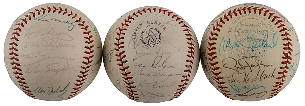 1960s-1970s Baltimore Orioles Multi-Signed Baseball Trio - (84) Total Signatures with Frank Robinson, Brooks Robinson, Earl Weaver & Jim Palmer - Ken Singleton Collection