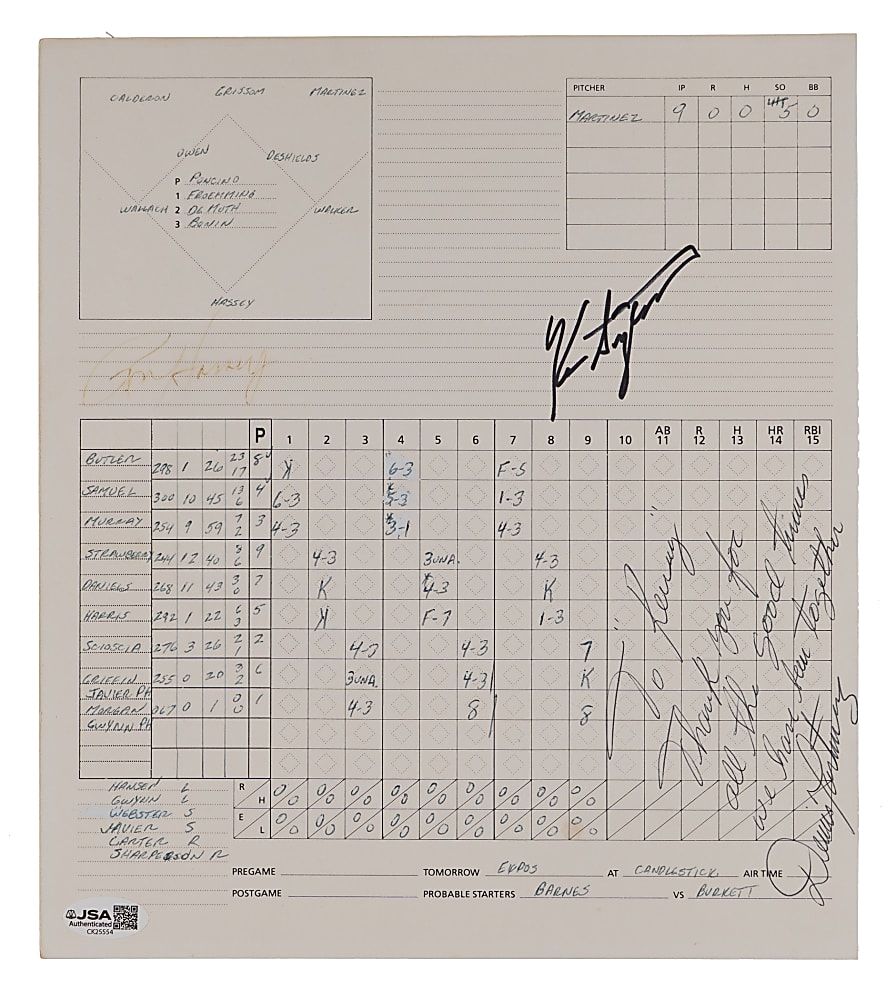July 28, 1991 Ken Singleton Personal Montreal Expos vs. Los Angeles Dodgers Dennis Martinez No-Hitter Multi-Signed Scorecard - JSA (Ken Singleton Collection)