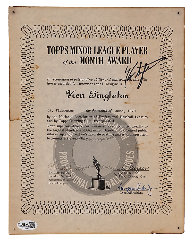 1970 Ken Singleton Signed Topps Minor League Player of the Month Award with Sy Berger - JSA (Ken Singleton Collection)