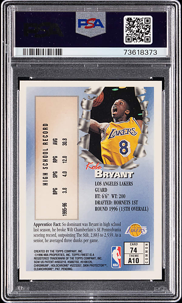 1996-1997 Topps Finest Basketball #74 Kobe Bryant Rookie PSA GEM MINT 10