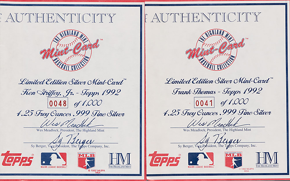 1992 Topps/Highland Mint Limited Edition Pure Silver Baseball Cards (2) with Ken Griffey Jr. & Frank Thomas