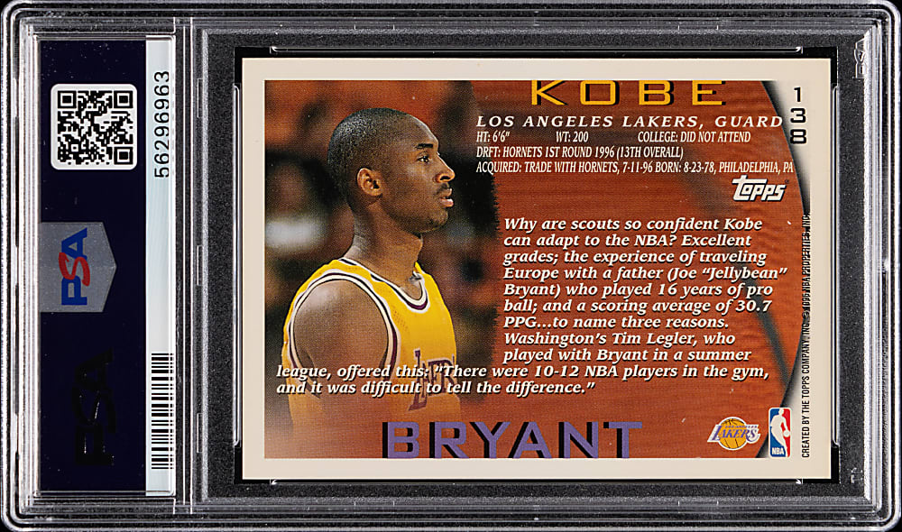 1996-1997 Topps Basketball #138 Kobe Bryant Rookie PSA MINT 9