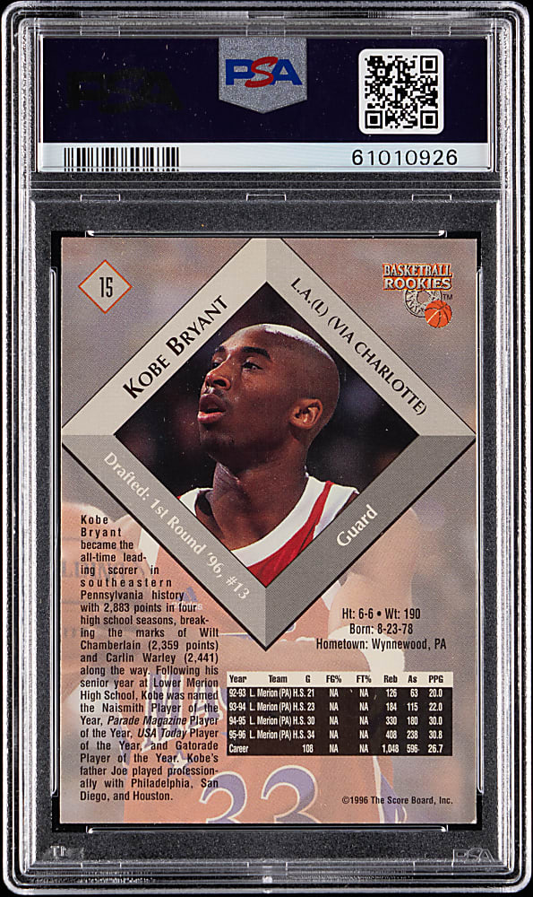 1996 Score Board Basketball Rookies #15 Kobe Bryant Rookie PSA GEM MINT 10