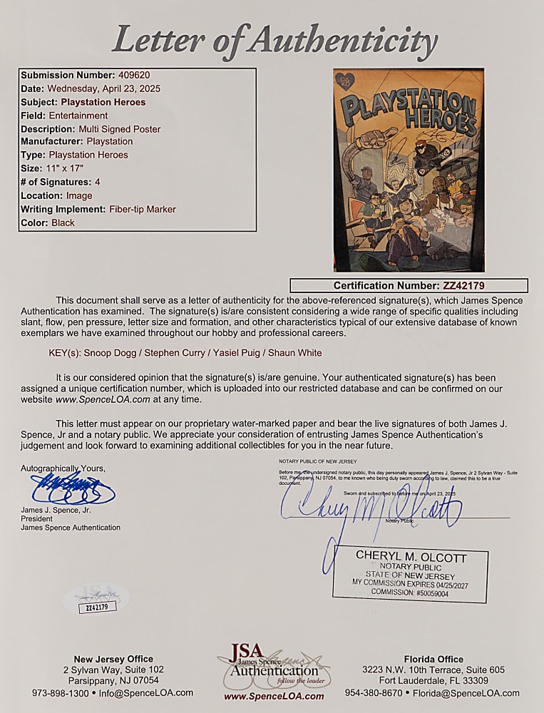 Playstation Heroes Multi-Signed 11x17 Poster with Snoop Dogg, Stephen Curry, Shaun White & Yasiel Puig - Full JSA LOA