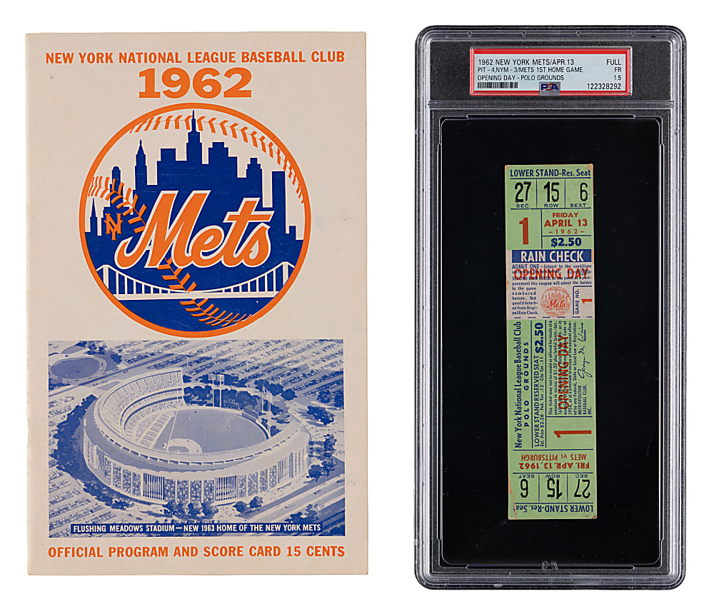 1962 New York Mets Inaugural Season Home Opener Scorecard & Full Ticket - PSA Fair 1.5