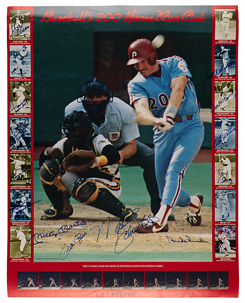 1987 Multi-Signed 500 Home Run Club Mike Schmidt Poster with (13) Autographs Including (11) 500 Home Run Club Members with Aaron, Mantle, Mays & T. Williams - Full JSA LOA