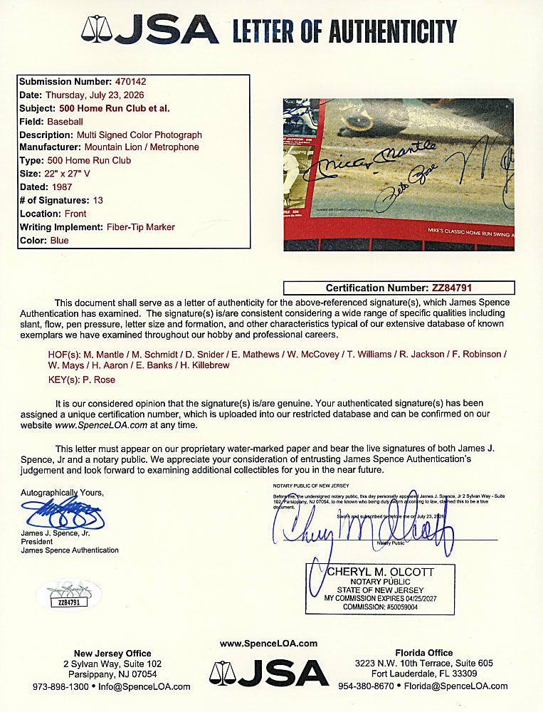 1987 Multi-Signed 500 Home Run Club Mike Schmidt Poster with (13) Autographs Including (11) 500 Home Run Club Members with Aaron, Mantle, Mays & T. Williams - Full JSA LOA