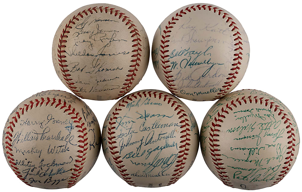 1947-1955 New York Giants Team-Signed Baseball Group (5) with (2) Full LOA