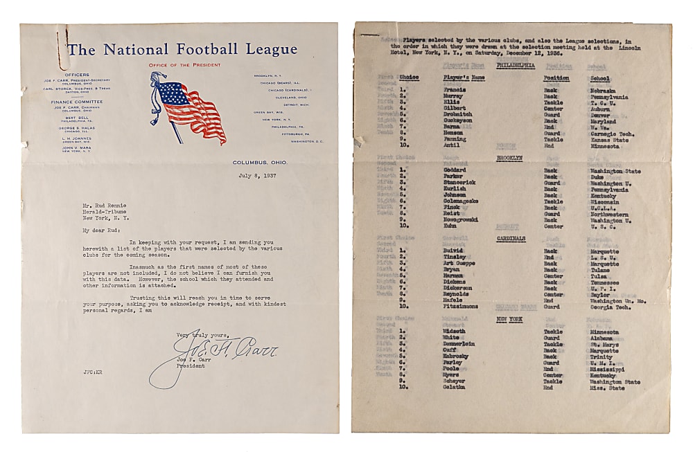 1937 NFL President Joe Carr Typed Letter Signed on League Letterhead with Second Ever NFL Draft Player Selection List - Beckett LOA & PSA/DNA LOA