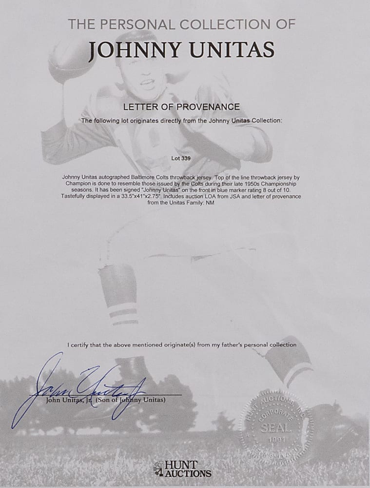 Johnny Unitas Signed Baltimore Colts Champion Throwback Jersey from Unitas Estate - Family LOP & JSA