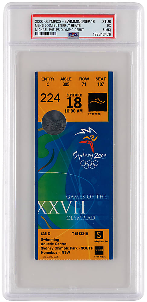 2000 Sydney Olympics Men's 200M Butterfly Heats Ticket Stub PSA EX 5 - Michael Phelps Olympic Debut!!