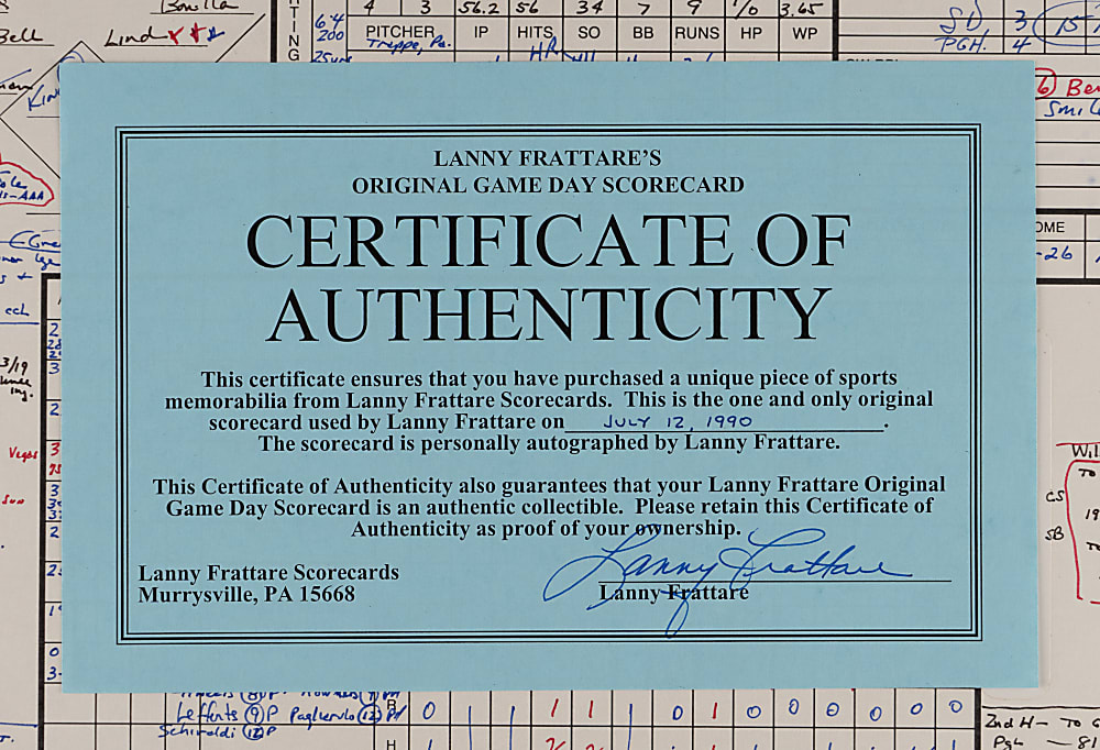 July 12, 1990 San Diego Padres vs. Pittsburgh Pirates Lanny Frattare Original Scorecard - Barry Bonds 100th Career Home Run!