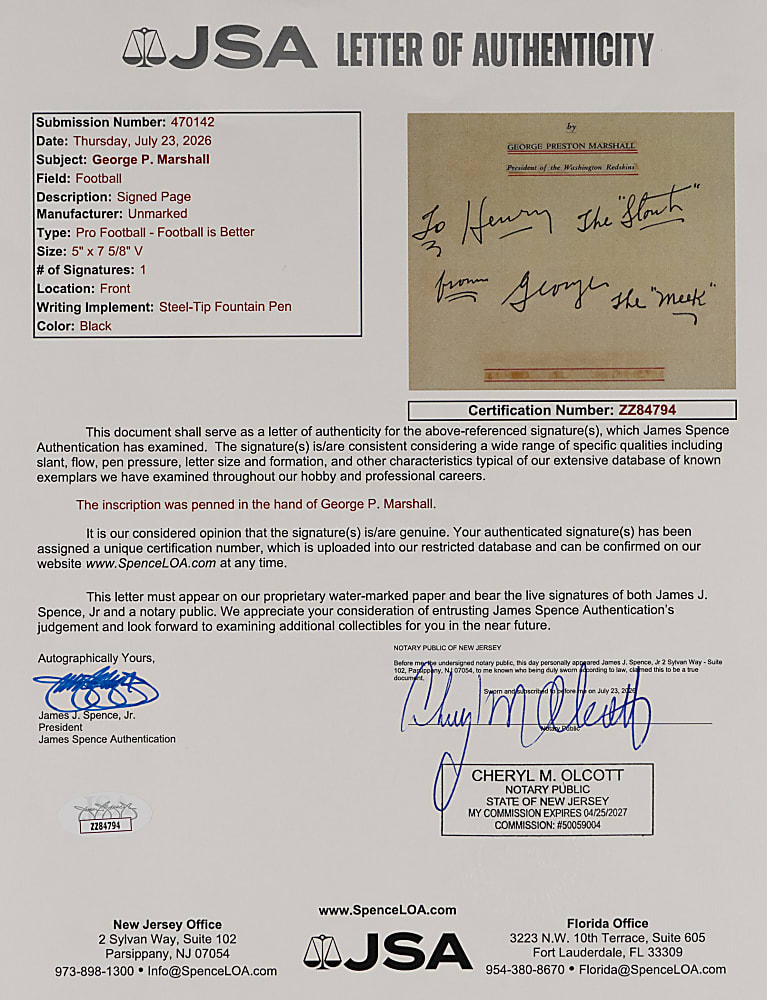 George Preston Marshall Signed "Pro Football: Football is Better" Proof Title Page - Full JSA LOA