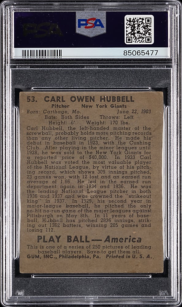 1939 Play Ball #53 Carl Hubbell Signed Card PSA/DNA VG 3/Auto 10