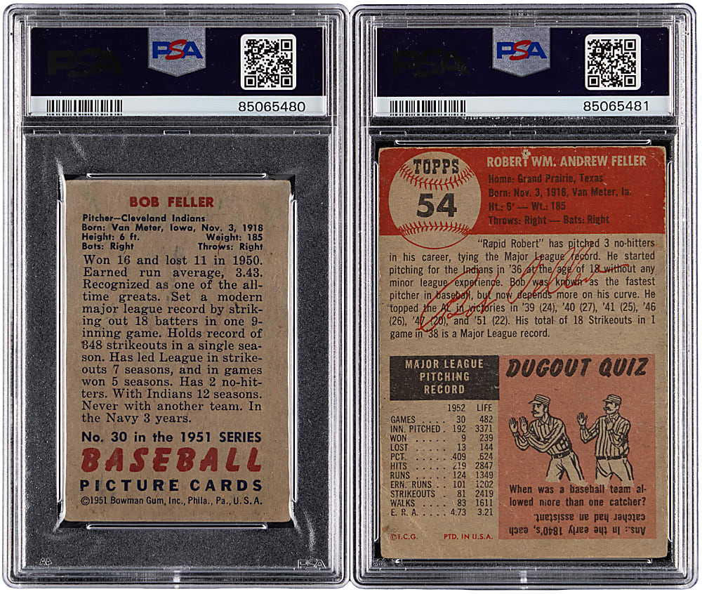 1951 Bowman & 1953 Topps Bob Feller Signed Card Pair - Both PSA/DNA Graded