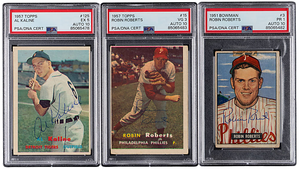 1951-1957 Topps & Bowman Hall of Fame Signed Card Trio with (2)  Robin Roberts & Al Kaline - All PSA/DNA Authentic