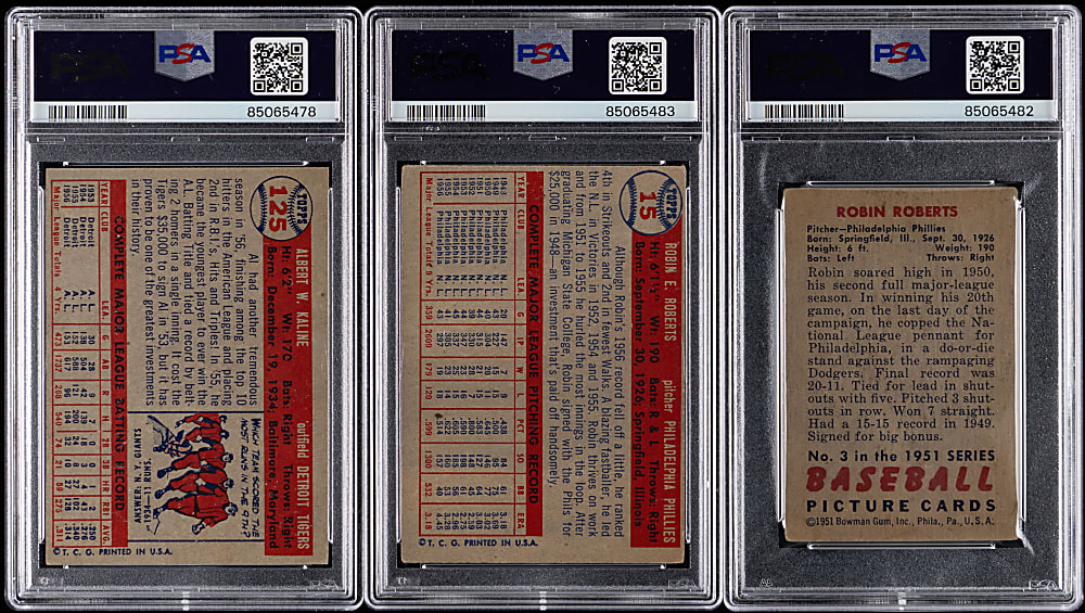 1951-1957 Topps & Bowman Hall of Fame Signed Card Trio with (2)  Robin Roberts & Al Kaline - All PSA/DNA Authentic