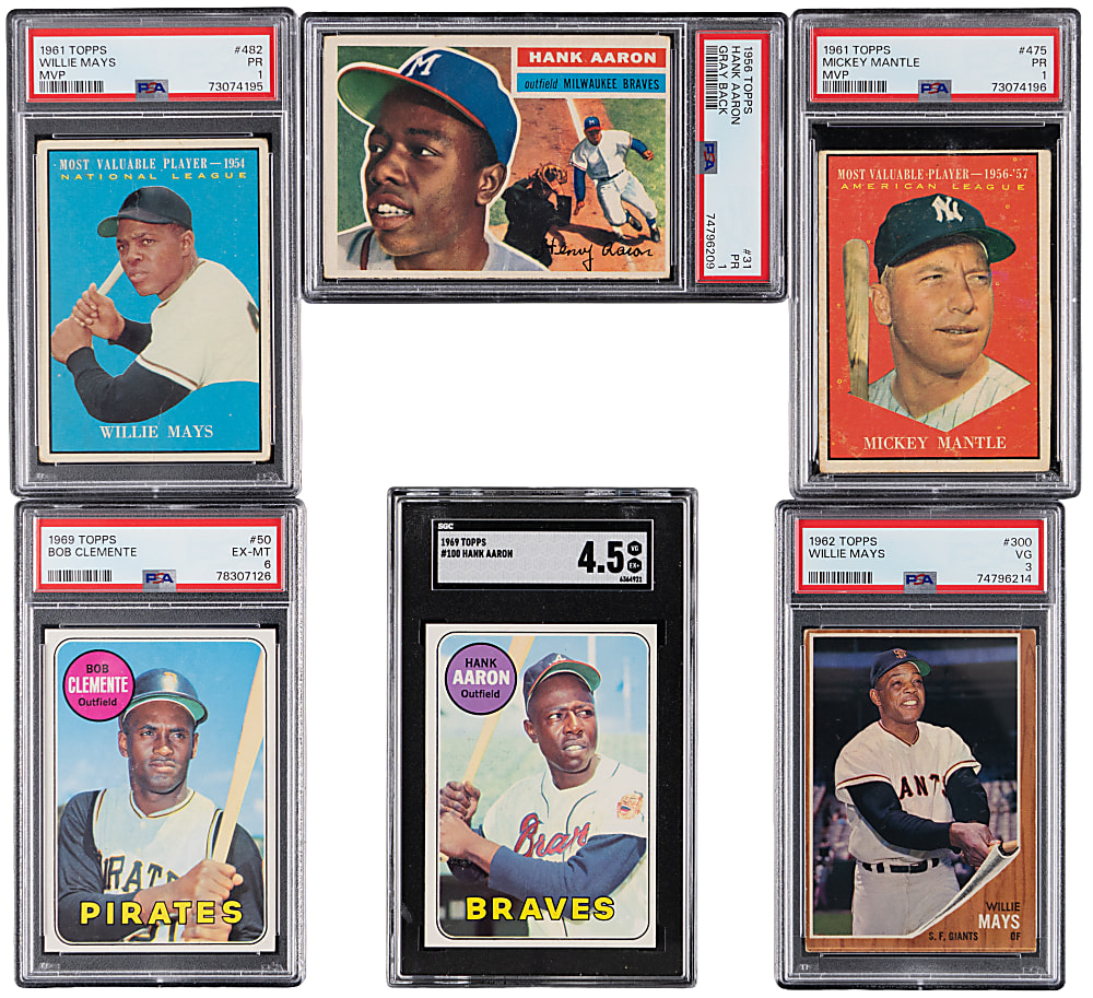 1956-1969 Topps Hank Aaron, Roberto Clemente, Mickey Mantle & Willie Mays PSA/SGC Graded Collection (6)
