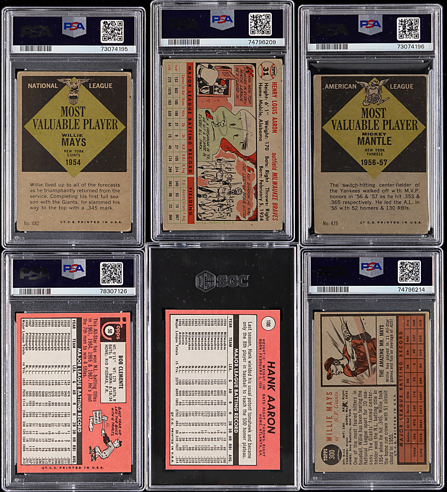 1956-1969 Topps Hank Aaron, Roberto Clemente, Mickey Mantle & Willie Mays PSA/SGC Graded Collection (6)