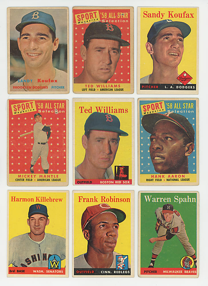 1957 & 1958 Topps Hall of Fame & Star Collection (22) with (2) Koufax, (2) T. Williams, Aaron & Mantle