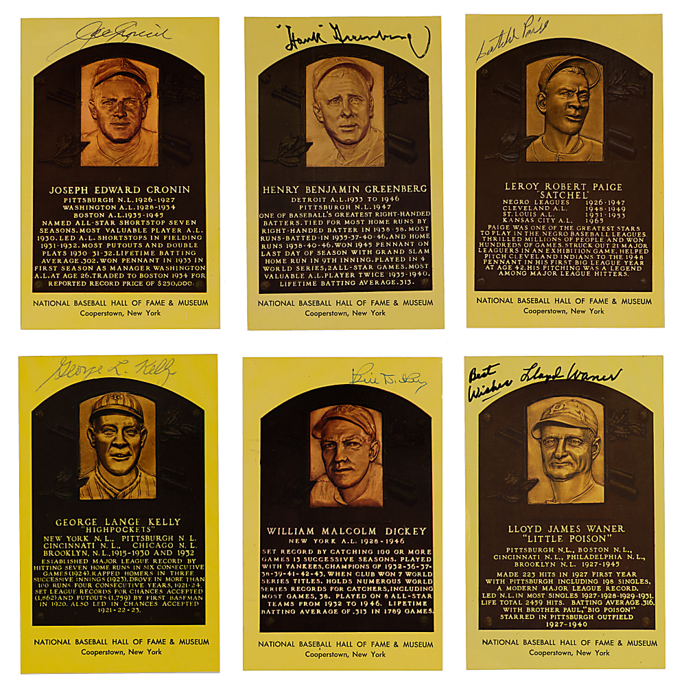 Signed Yellow Hall of Fame Plaque Postcards (19) with Hank Greenberg & Satchel Paige