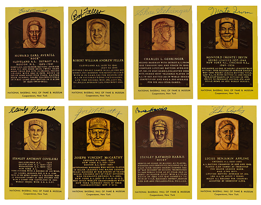 Signed Yellow Hall of Fame Plaque Postcards (19) with Hank Greenberg & Satchel Paige
